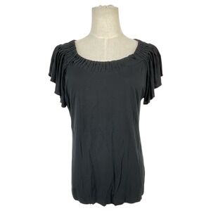 Banana Republic Womens Black Pleated Scoop Neck Flutter Cap Sleeve Top Large‎